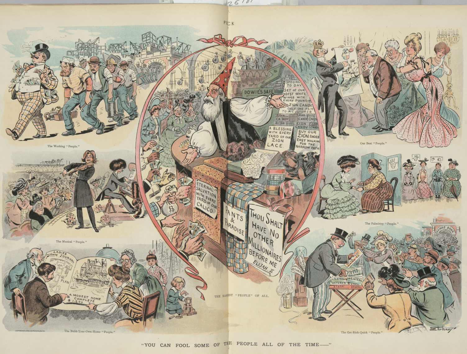 A cartoon from a 1903 issue of Puck, showing John Alexander Dowie, one of the founders of Pentecostalism, as a wizard offering salvation and receiving bags of money. Public domain.