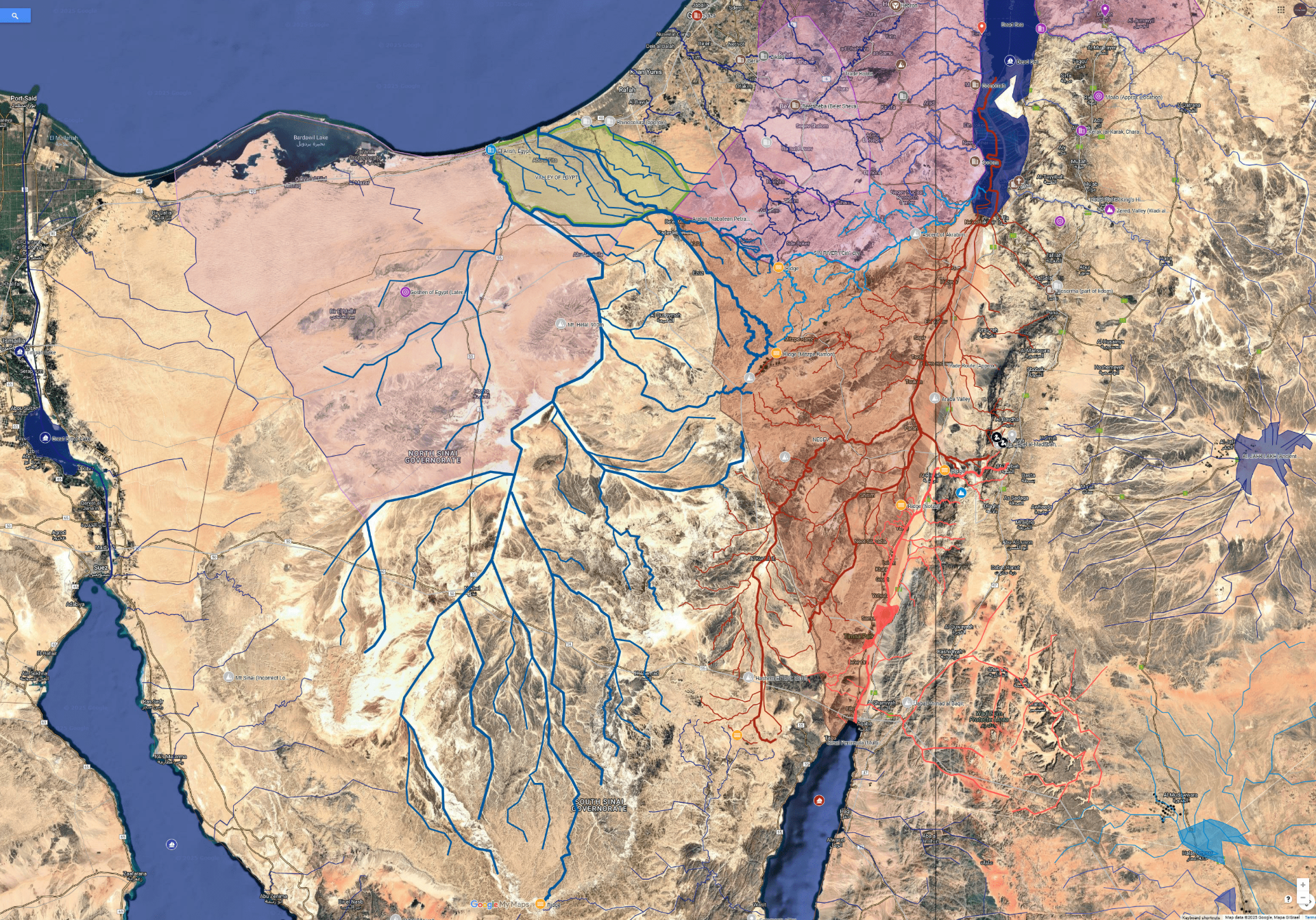 Map #1 with ancient rivers and lakes, manually paused from 'MERIT Hydro Visualization and Interactive Map' (through 'Window Top' tool with transparency mode). The green area stands for the approx. area of the Valley of Egypt, with the River of Egypt flowing through it. Composite map by Thomas Lorenz, May 2024.