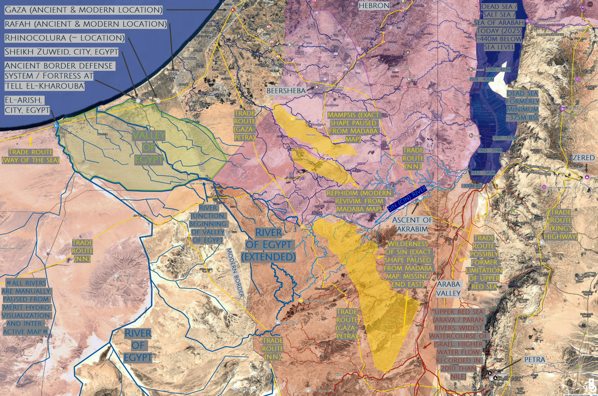 Map #4 - Compilation of the Madaba Map (yellow areas), the Merit Hydro Visualization Tool (all rivers), Trade Routes manually paused from several sources (yellow lines), by Thomas Lorenz, Nov 2025.