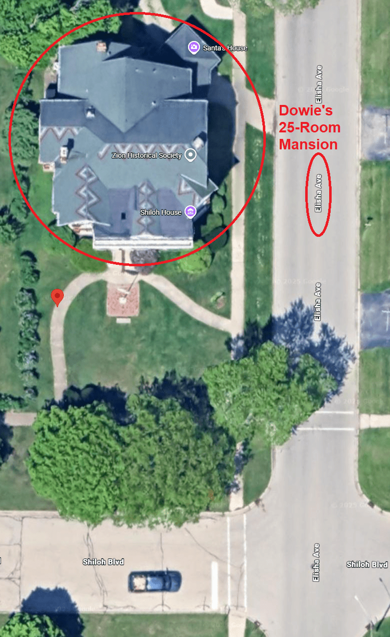 Dowie even called the road next to his house 'Elisha Avenue', which is located next to Elijah Rd. (later renamed to Sheridan Rd.). Bethel Blvd was one of the main roads pointing to the church at its head and with a large landscaped median in its middle. Caledonia Av. pointed to Dowie's origin from Scotland (Caledonia = Latin name of Scotland; Edward Irving's church was e.g. called Caledonian Chapel) and Edina Blvd. (Latin abbreviation of Edinburgh) pointed to Dowie's birthplace. Source: Google Maps. Used for educational purposes and non-profit.