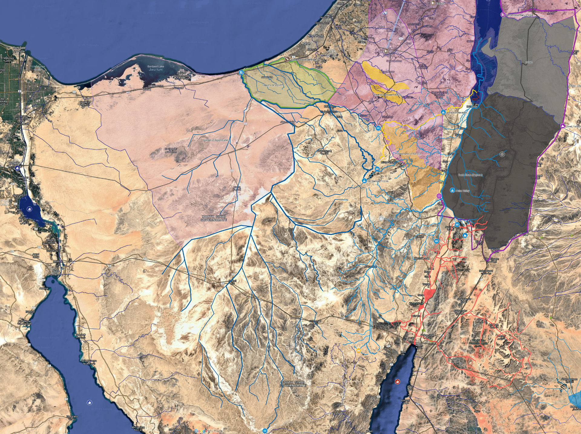 Map with ancient rivers, manually paused from 'MERIT Hydro Visualization and Interactive Map' (through 'Window Top' tool with transparency mode). The map shows at its center the course of the Biblical River of Egypt; NE the ancient extension of the Dead Sea (which was formerly not dead; see the Madaba Map displaying fish in it); and SE the temporal River of Sin (yellow; with the yellow area to its south being the Desert of Sin as paused 1:1 from the Madaba Map) and the rivers of what I would coin the Upper Red Sea (bright red, flowing south) and today's remaining (Lower) Red Sea which merges with the ocean.