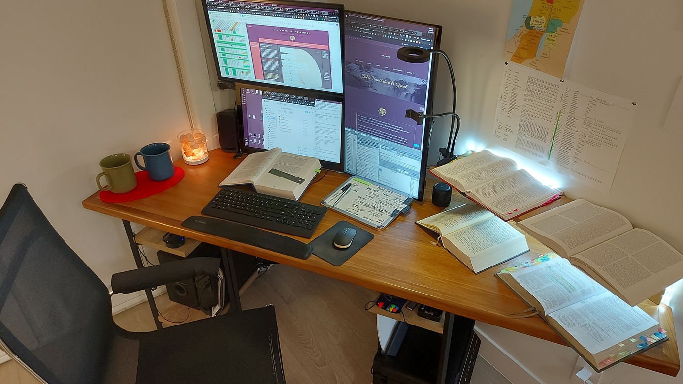 Computer & Monitor 1: Gift by a local friend and brother in CHRISTOS. Monitor 2: Gift by a local friend and brother. Monitor 3: Gift by a former employer. Worktop: Gift by current employer.