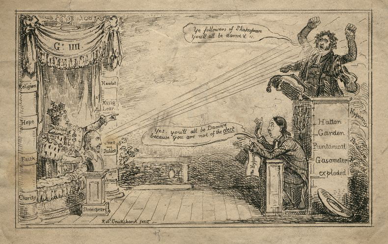 1824 Caricature of Edward Irving, public domain. "Hatton Garden Puritanical Gasometer exploded' - 'Ye followers of Shakespeare, you'll all be damn'd' - 'Yes, you'll all be Damned because you are not of the elect'